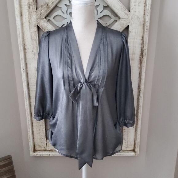 Decree Women's Junior 3/4 Sleeve, Button Tie Front Sheer Top in Metallic Silver - Picture 2 of 6